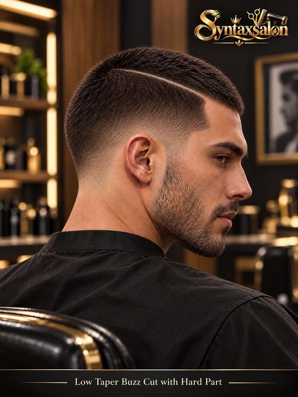 low taper buzz cut with hard part