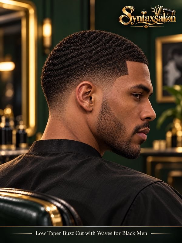 low taper buzz cut with waves for black man